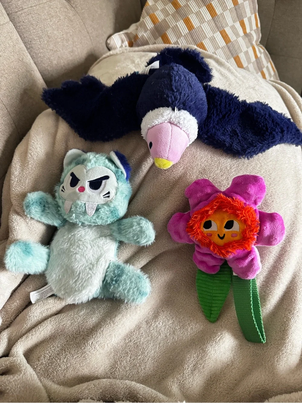 Assorted Plush Toy Trio - Blue Bird, Aqua Cat, Pink Flower
